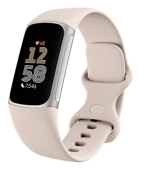 Fitbit Charge 6 i porslin och silver med färgskärmen påslagen, mot vit bakgrund