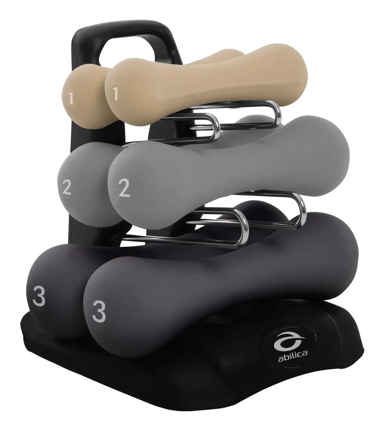Abilica DumbBells Trio, tre par neoprenhantlar på 1, 2 och 3 kg i ett svart ställ, mot vit bakgrund