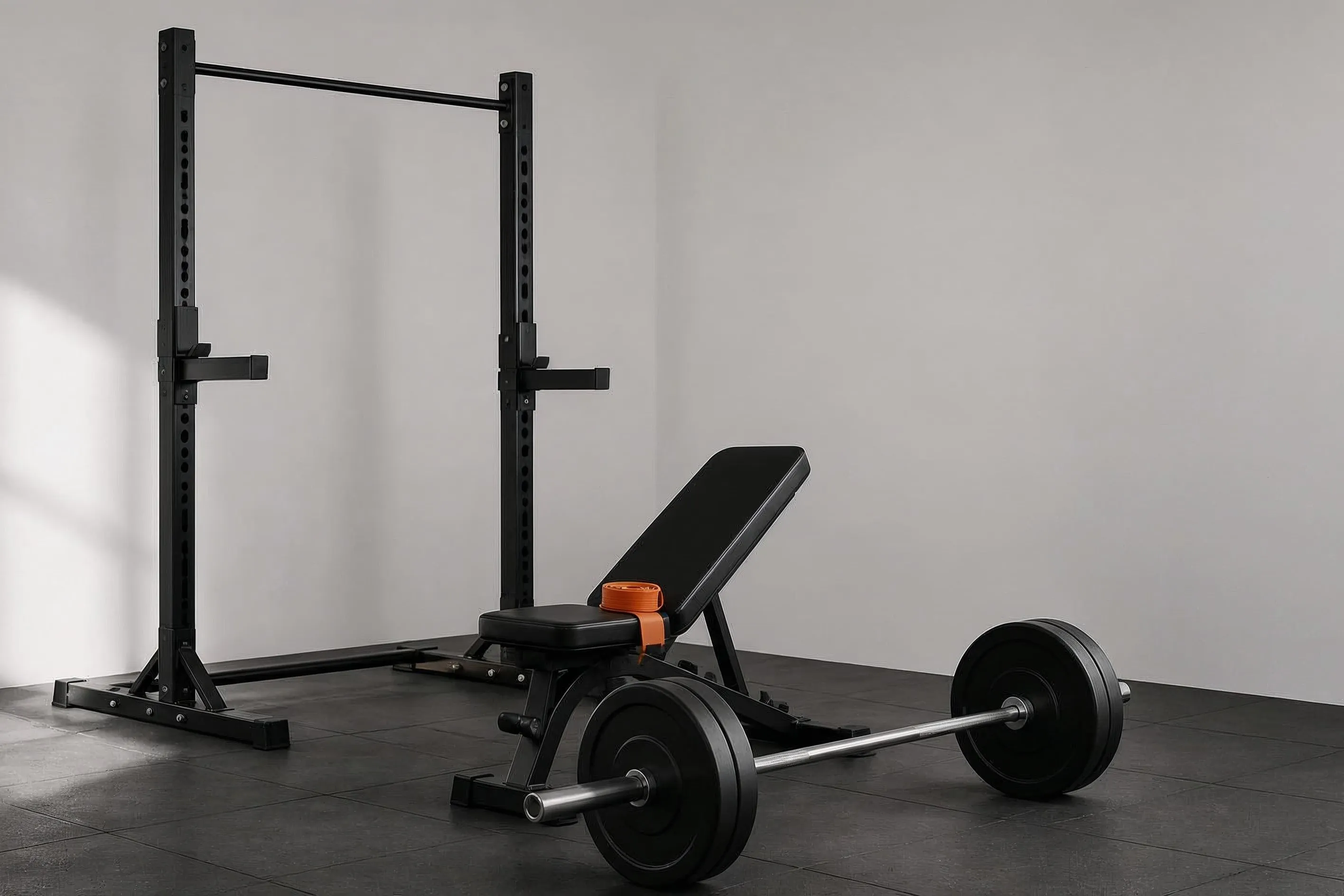 Kompakt hemmagym med ställning, bänk, skivstång och gymgolv i ljus studio