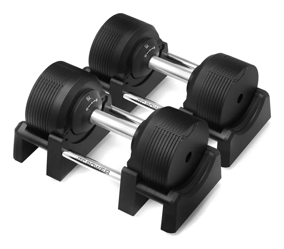 Ett par JTC Power PRO justerbara hantlar 4–32,5 kg i sina baser på vit bakgrund