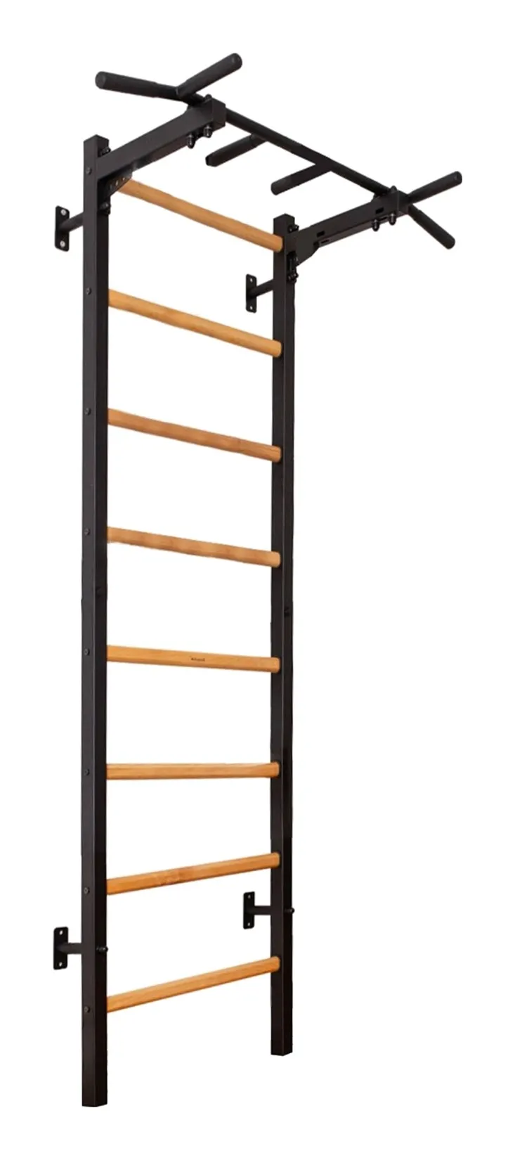 BenchK 221B ribbstol med svart stålram, pinnar i bok och chinsstång överst mot vit bakgrund