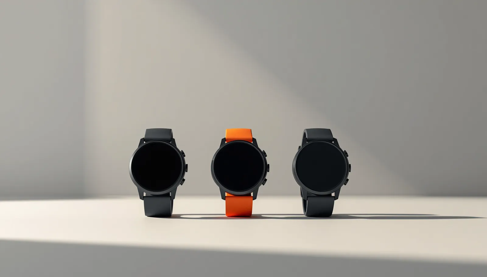 Tre runda svarta sportklockor med avstängda skärmar uppradade i ljus studio, den mittersta med orange armband