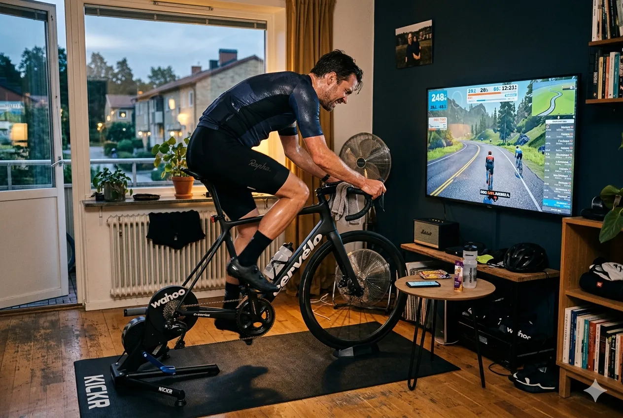 Cyklist mitt i ett inomhuspass framför skärmen