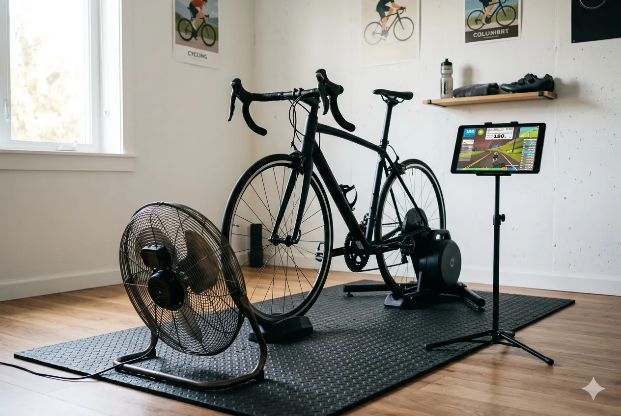 En inomhuscykling-setup med fläkt, matta och telefon på stativ